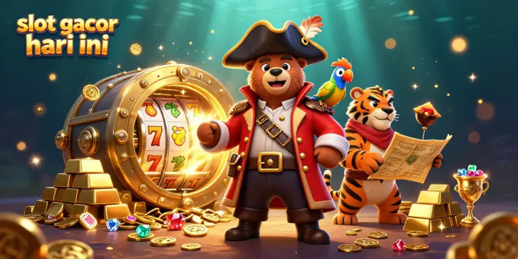 Experience excitement with slot gacor hari ini featuring a pirate bear and vibrant treasure.