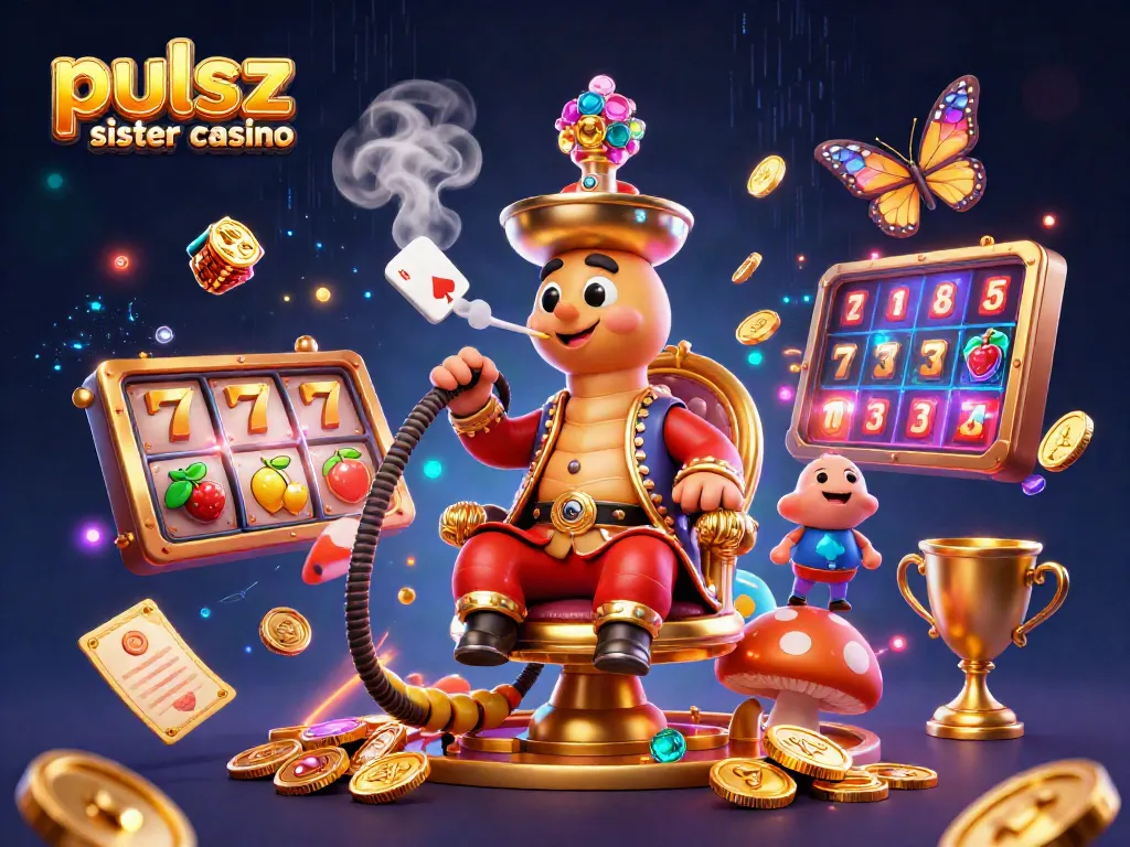 Pulsz sister casino showcases an enchanting 3D scene with a whimsical caterpillar-themed master and engaging slot reels.