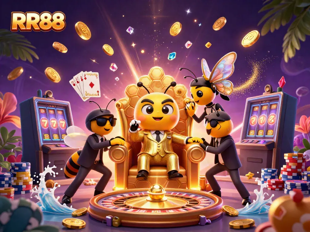 Experience the excitement of RR88 with a bumblebee mob boss surrounded by casino glamour and golden treasures.
