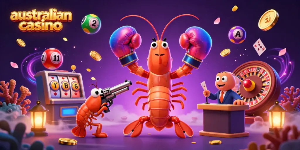 Engage with the thrilling dynamic scene of the australian casino featuring vibrant gambling elements and energetic characters.