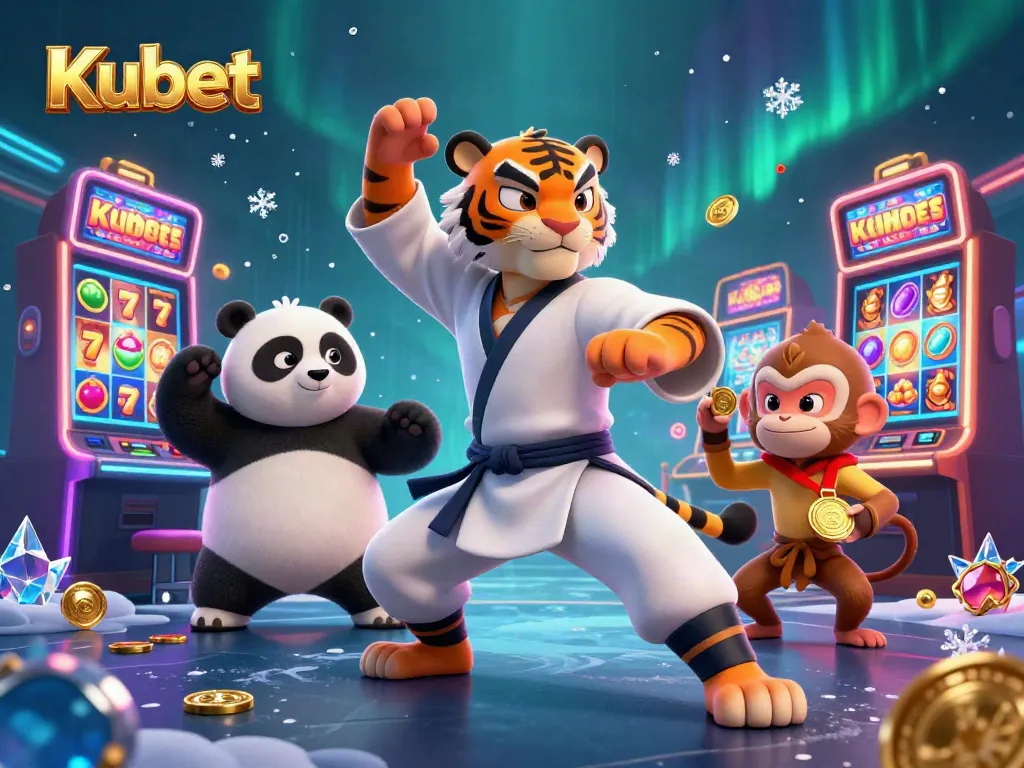 Kubet platform cartoon scene with a kung fu tiger, panda, and monkey amidst vibrant slot machines and roulette.