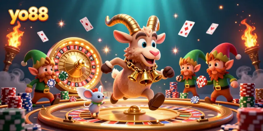 Experience the excitement of yo88 with lively characters in a vibrant casino scene, featuring poker chips and playing cards.