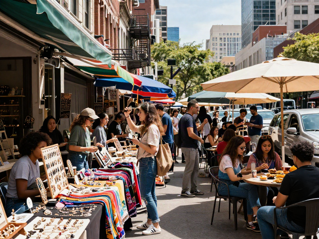 Explore the essence of hargatoto in an engaging urban market scene bustling with artisanal crafts and lively conversations.
