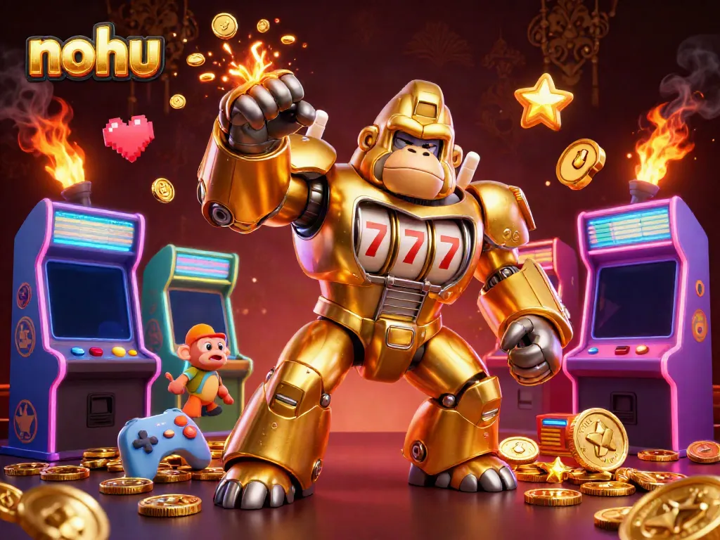 Experience thrilling gameplay action at NOHU with the golden gorilla mech in a vibrant casino scene.