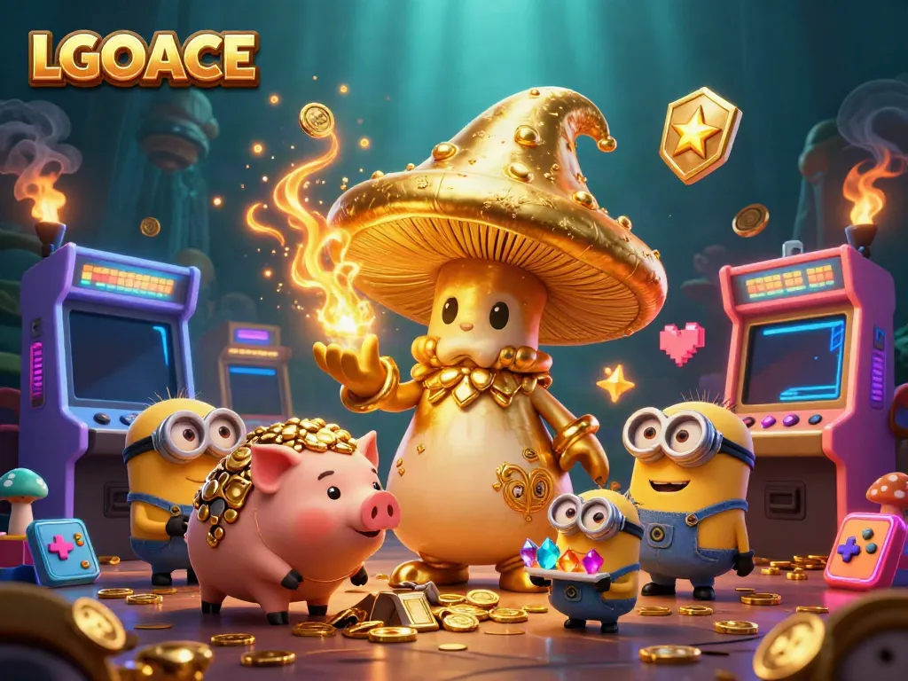 LGOACE transforms the gaming experience with an enchanting illustration of a mushroom wizard and treasure-hunting pig.