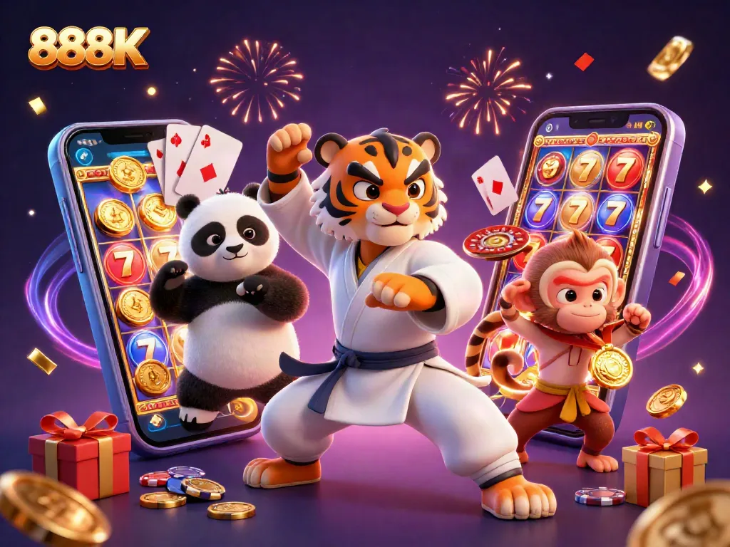Win thrilling rewards at 888K with an animated scene of a kung fu tiger, panda, and monkey in action!