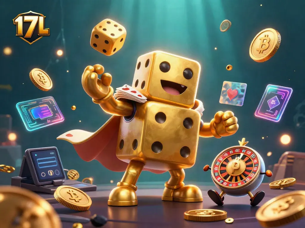 Experience excitement with 17JL as a golden dice golem juggles coins in a vibrant casino scene.