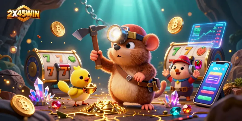 Menggali jackpot besar dengan 2X45WIN, simbol slot dan banyak koin crypto mengelilingi pemandangan yang menakjubkan.