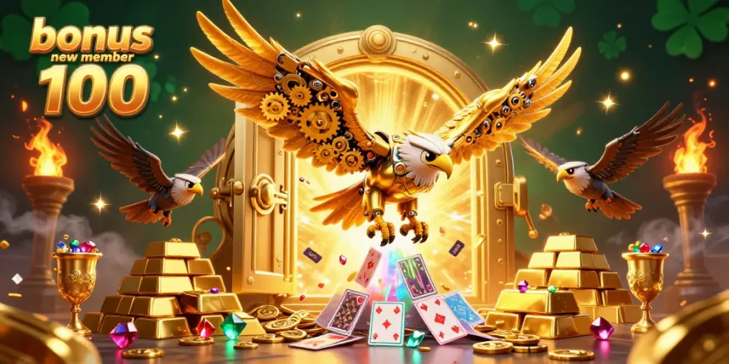 Witness the excitement of winning with the bonus new member 100 featuring magnificent 3D golden eagle in a rich casino scene.