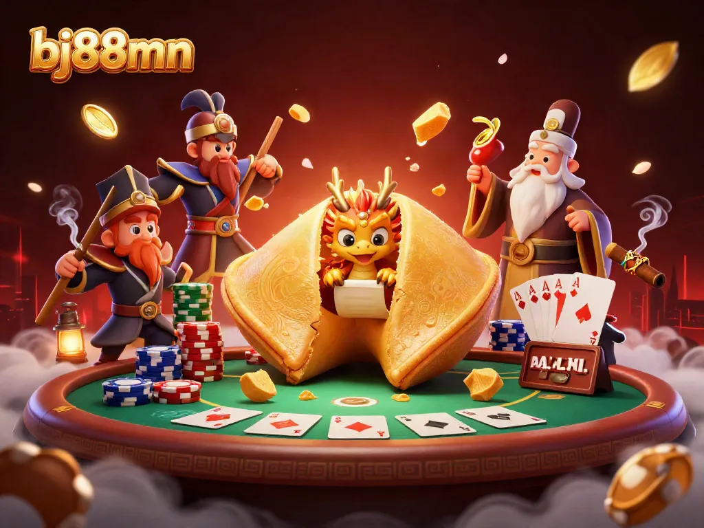 Experience the excitement of bj88mn with a dynamic casino scene featuring a golden fortune cookie and poker elements.