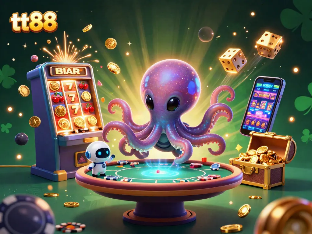 Experience thrilling gameplay with tt88 as a cartoon octopus runs a holographic poker table amidst a vibrant casino paradise.