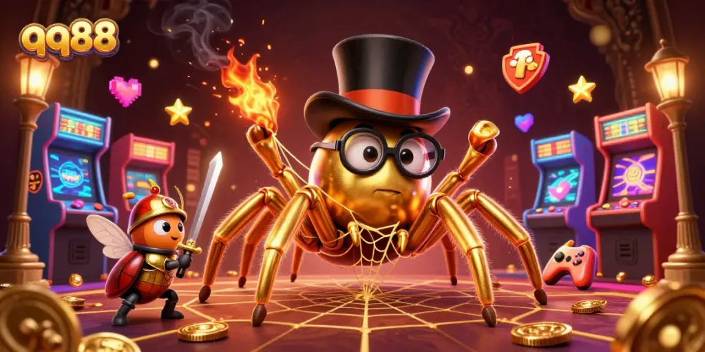Experience thrilling gameplay with qq88 featuring a golden tarantula and knight in a vibrant casino scene.