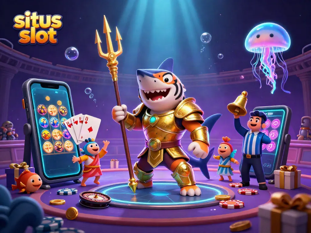 Pemain game berinteraksi dengan situs slot menggunakan smartphone di lingkungan koloseum bawah laut yang penuh warna.