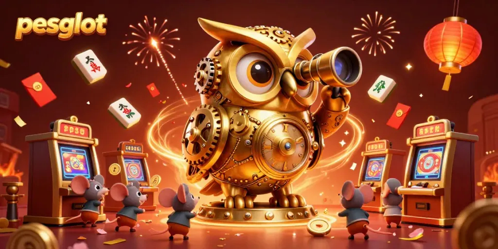 Mainan slot pesgslot bersinar di kasino dengan elemen keberuntungan yang berkilauan.