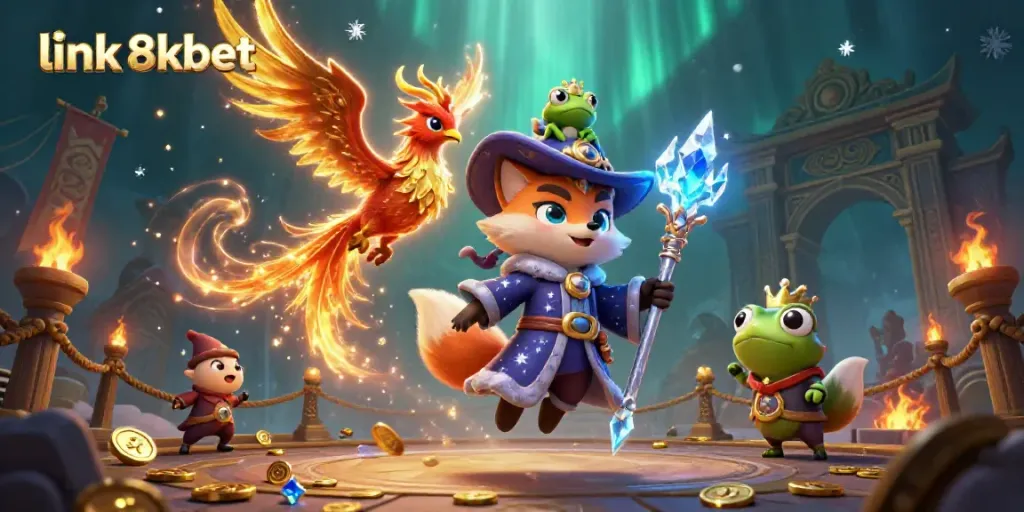 Experience vibrant gameplay with link 8kbet in an enchanting 3D casino world featuring a wizard fox.