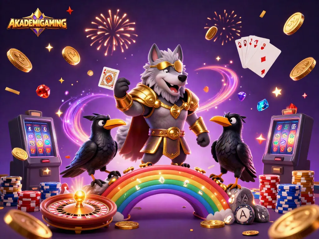 Experience immersive gaming excitement with AKADEMIGAMING's vibrant casino-themed illustration.