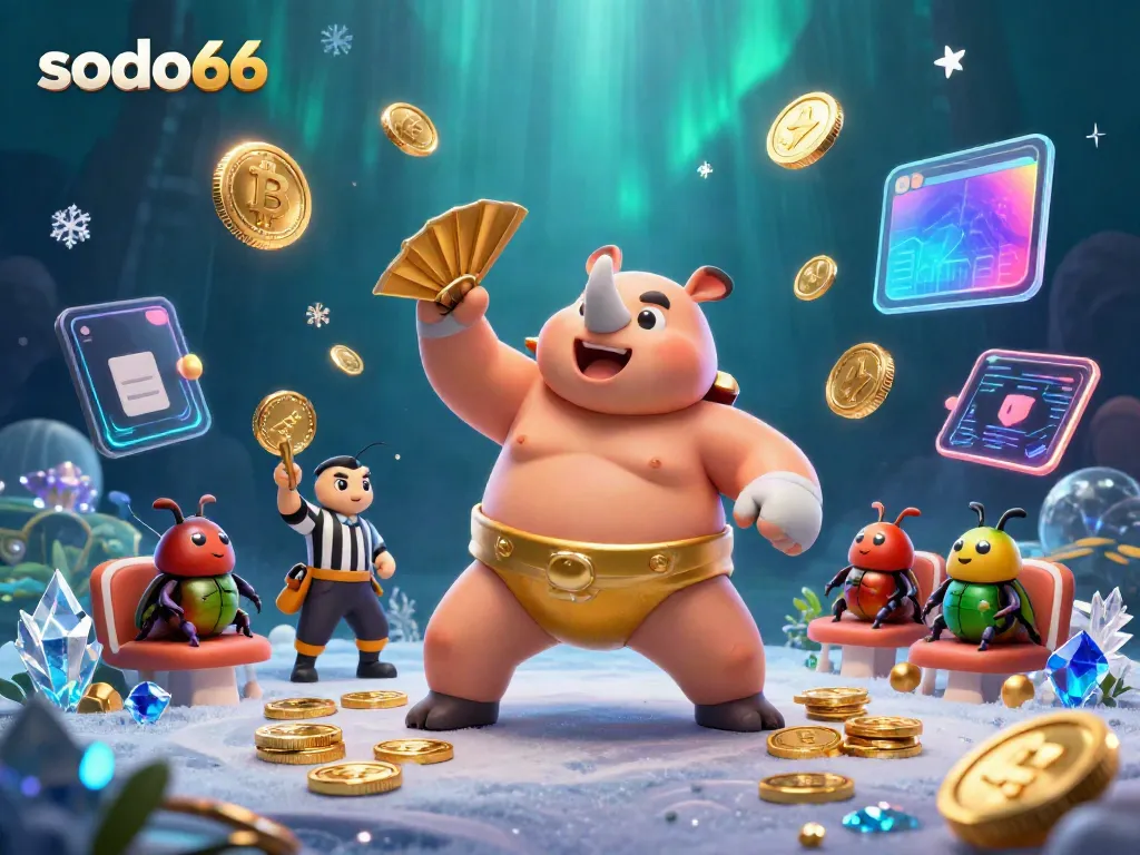Sodo66 enhances your gaming with a dynamic scene featuring a beetle champion surrounded by crypto coins and vibrant energy.