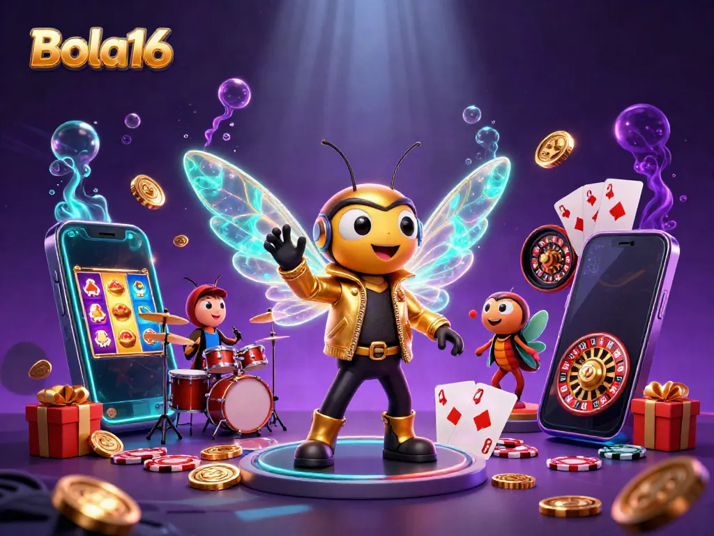 Bola16's vibrant casino adventure featuring a 3D rock star scene with animated slot games and floating coins.