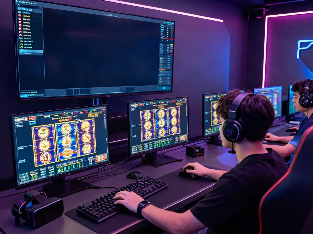 Player enjoying QQMacan's dynamic gaming experience with multiple monitors and vibrant visuals.