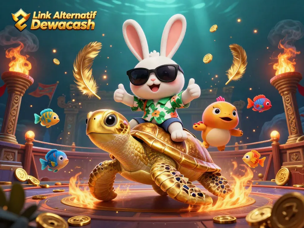 Engage with vibrant scenes of Link Alternatif Dewacash featuring a lucky rabbit and golden turtle in a betting arena.
