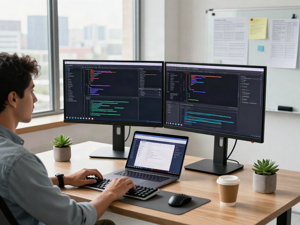 Developer coding at modern desk showcasing go8 software solutions in a vibrant office.
