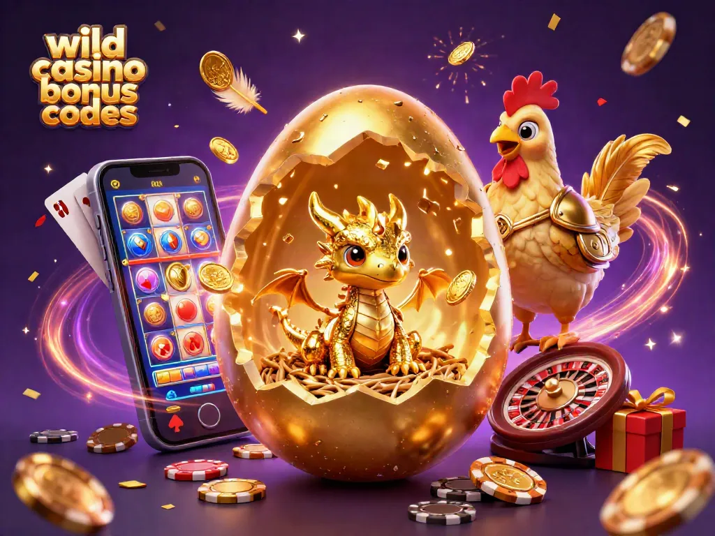 Engage with wild casino bonus codes featuring gold dragon and poker chips in a lively casino scene.