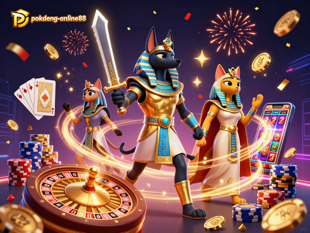 Experience thrilling gameplay at pokdeng-online88 with Anubis and Bastet surrounded by vibrant casino elements.
