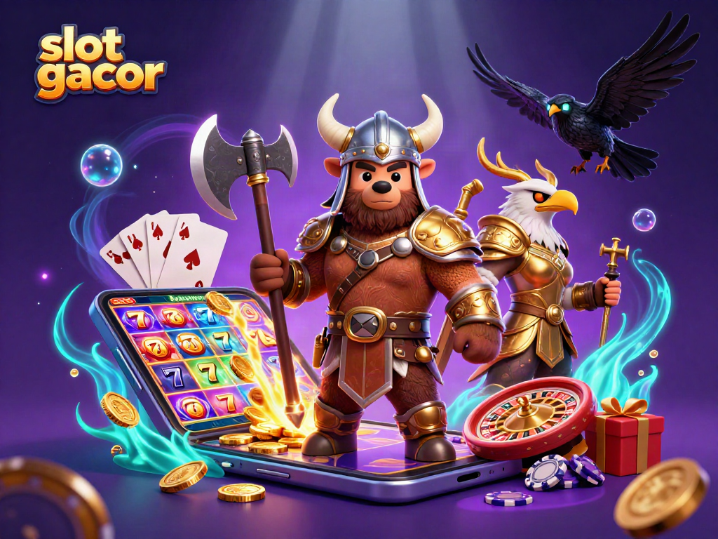Engage with slot gacor excitement featuring a Viking bear, Valkyrie eagle, and dynamic slot elements.