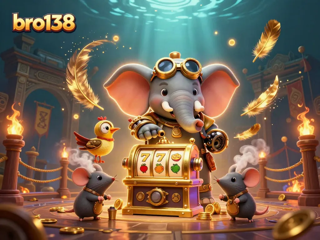 Engage in thrilling gameplay at bro138 with a 3D steampunk elephant operating a golden slot machine.
