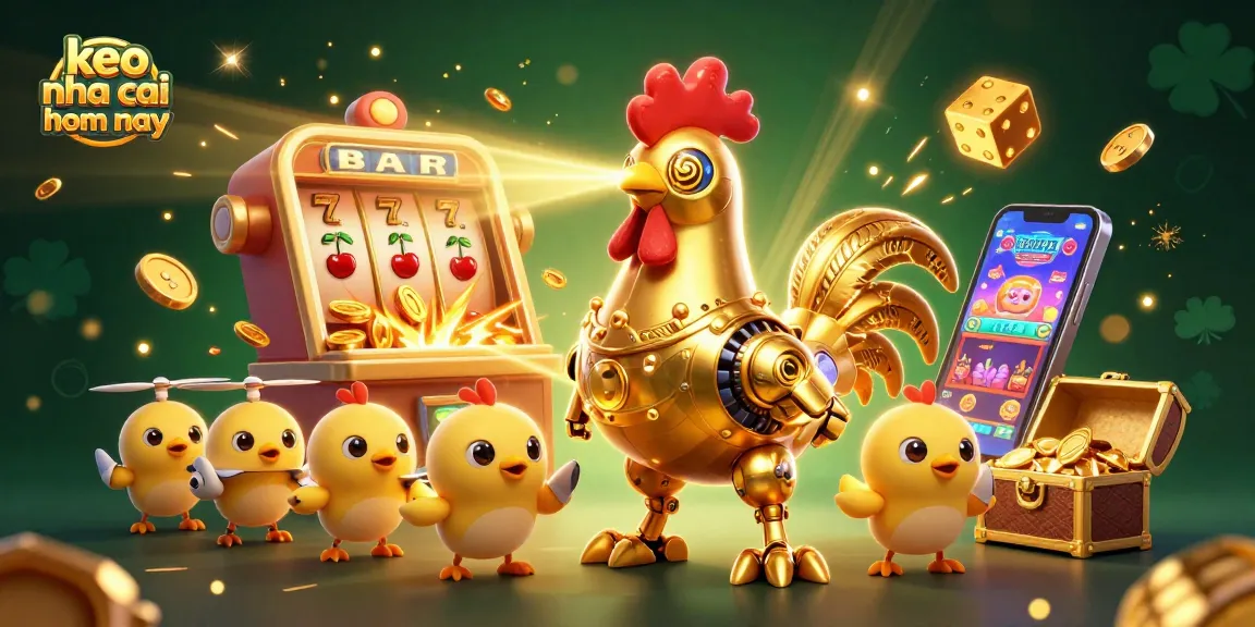 Engage in thrilling excitement with keo nha cai hom nay parading a 3D retro-futuristic rooster in a vibrant casino scene.