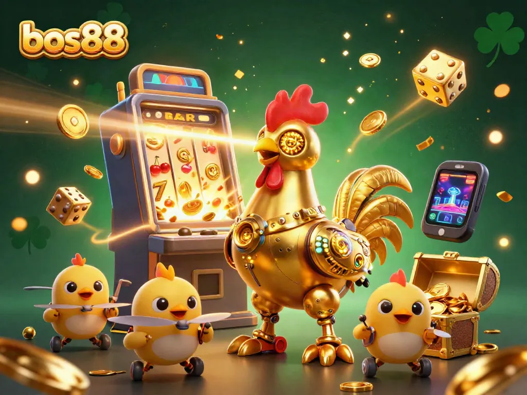 Experience the vibrant world of bos88 with a dynamic casino-themed illustration featuring a golden rooster robot and baby chick drones.
