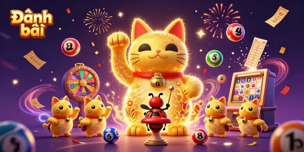 Engage in Đánh bài with a dynamic casino scene featuring a lucky cat and colorful game elements.
