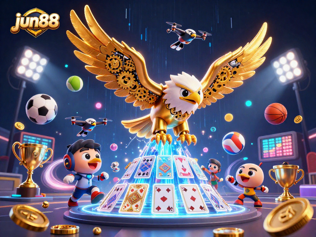 Experience thrilling wins at jun88 with an energetic 3D casino scene featuring cybernetic eagle and dynamic sports elements.