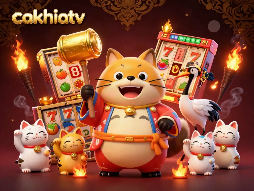Cakhiatv gameplay illustration featuring a lucky tanuki in a festive casino atmosphere.