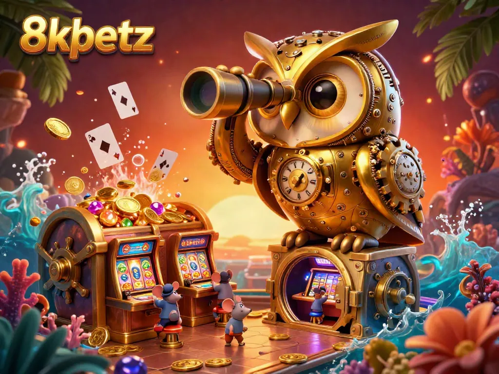 Experience high-stakes fun at 8xbetz with a golden owl scanning the casino floor, surrounded by treasure and excitement.