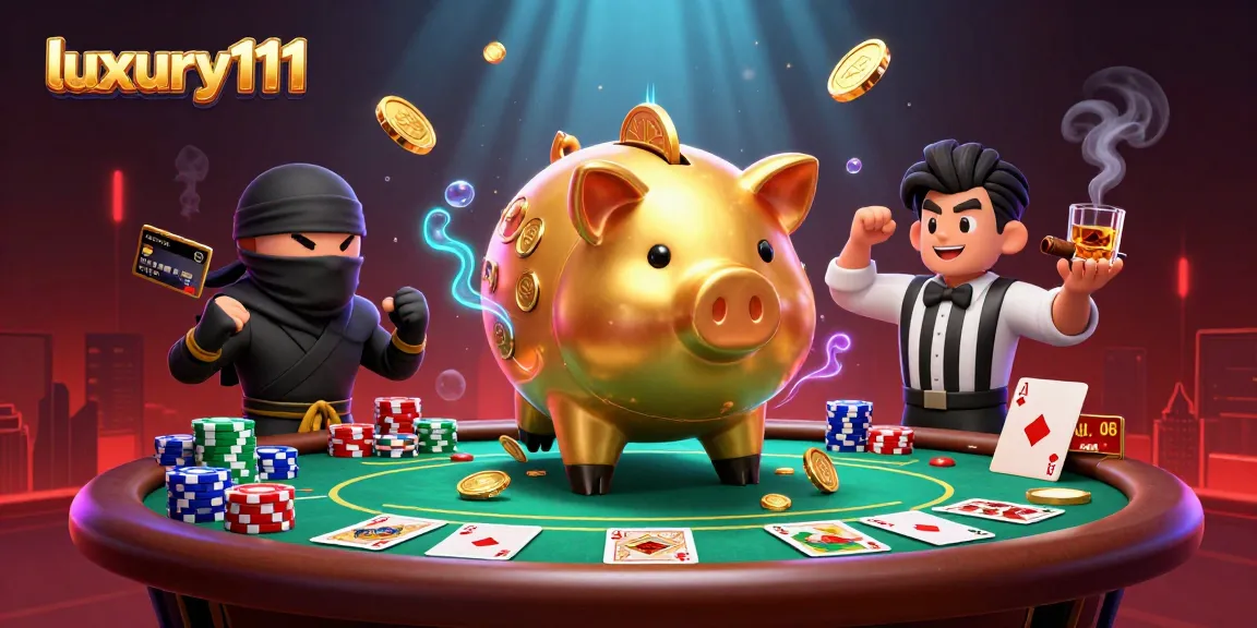 Engage in luxury111: a cartoon battle of casino characters amidst flying poker chips and glowing lights.