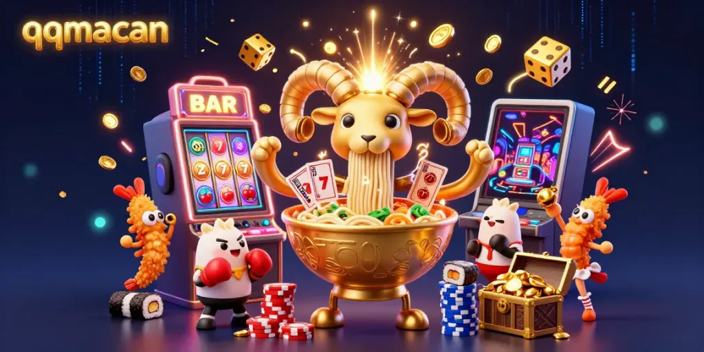 Engage with qqmacan's dynamic casino scene featuring a giant ramen bowl dealer and exploding jackpot action.