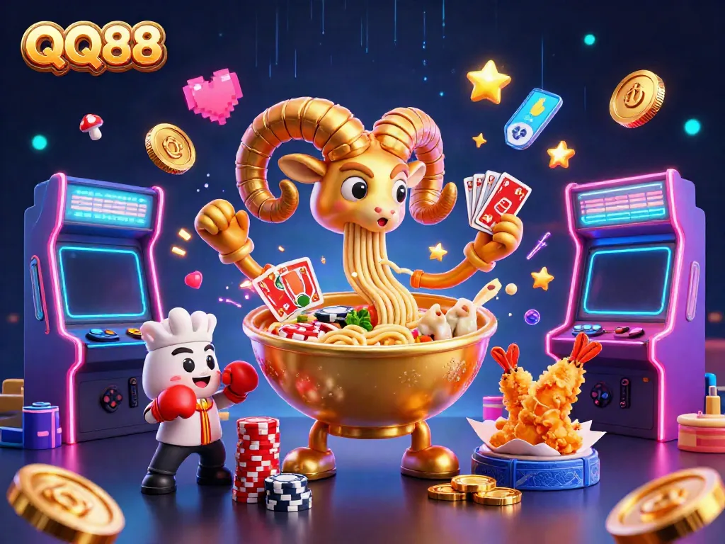 Experience QQ88's vibrant casino action with a golden ramen bowl character surrounded by gaming elements.