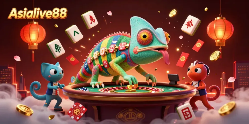 Engage in thrilling gameplay with Asialive88's lively casino atmosphere featuring vibrant chameleon character.