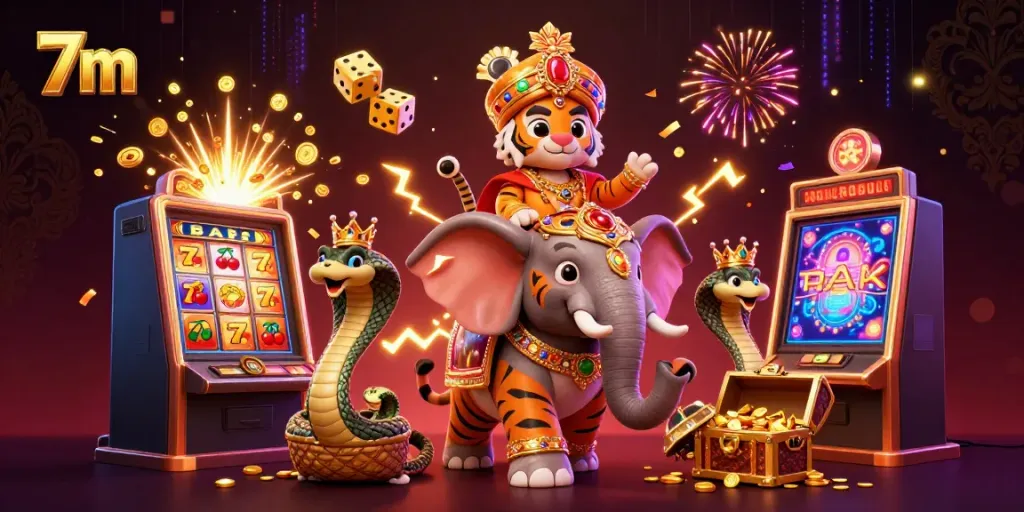 Experience the excitement of 7m with a vibrant 3D scene featuring a maharaja tiger, treasure, and slot machines.