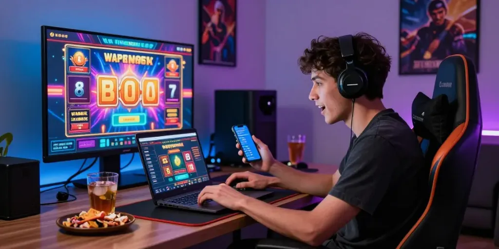 Gameplay jagototo yang mendebarkan dengan pengguna berfokus di laptop di ruang modern.