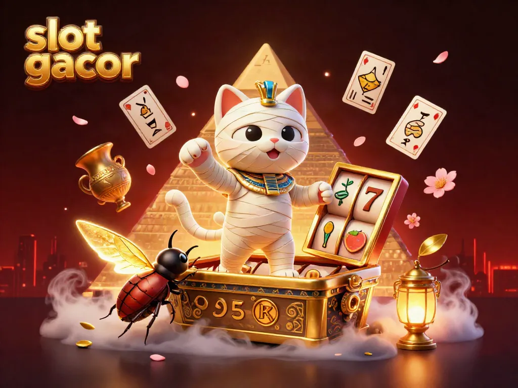 Exciting scene of a slot gacor, featuring a mummy cat and scarab in a vibrant casino setting with dynamic game elements.