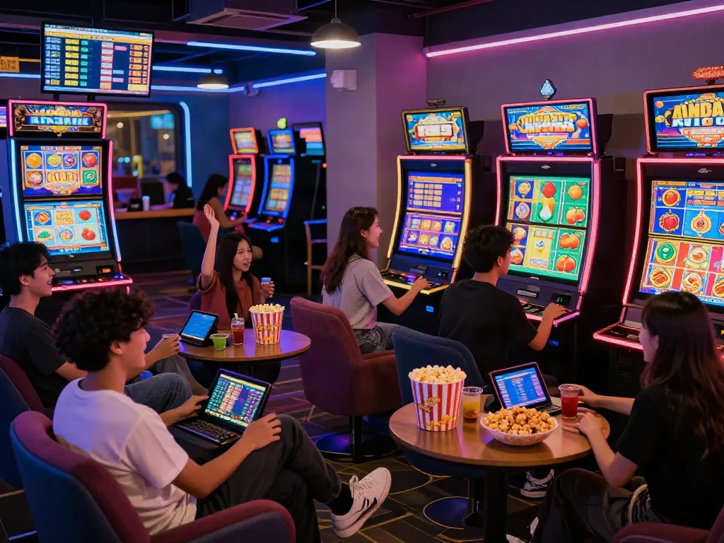 Group enjoying a lively session playing slot gacor machines in a neon-lit gaming lounge.