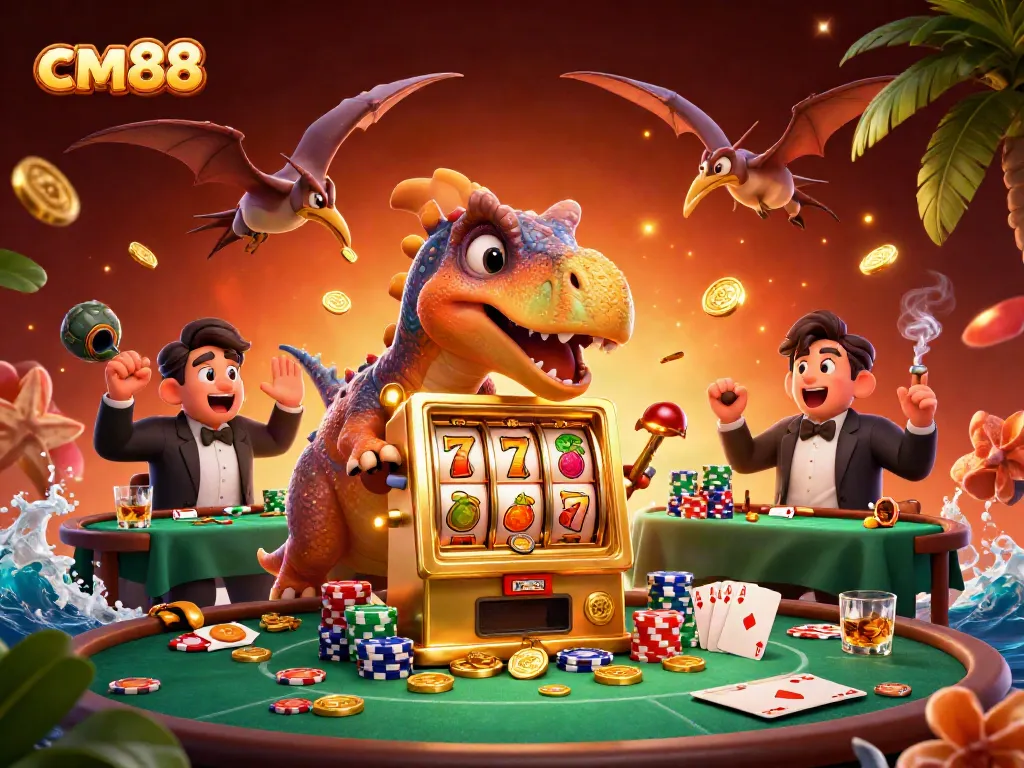 Exciting cm88 casino scene with cartoon dinosaurs triggering a jackpot, showcasing vibrant slot elements.