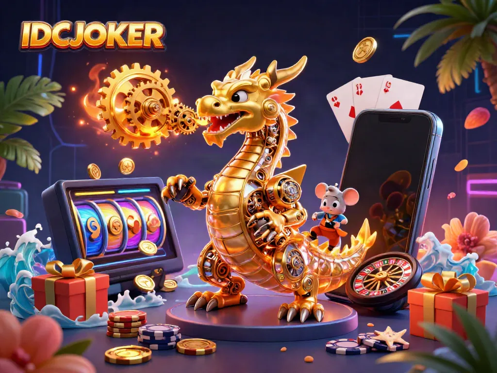 Experience the thrilling gameplay with IDCJOKER's vibrant 3D illustration featuring a golden dragon and casino elements.