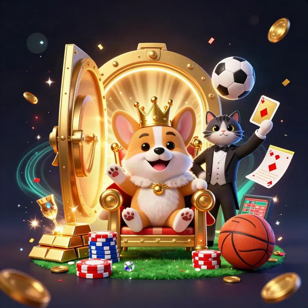 Corgi king and cat butler amid vault blast, soccer ball, gold, chips, sparks