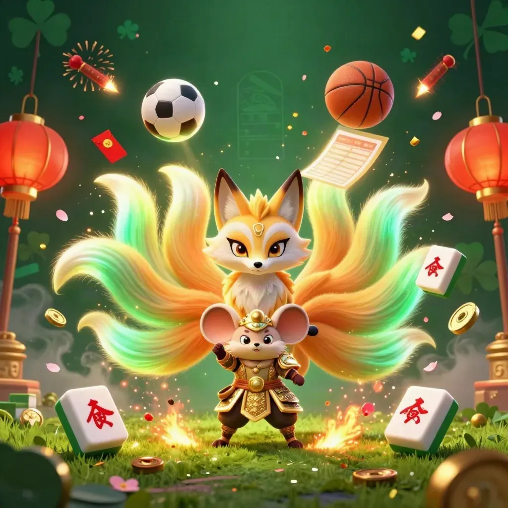 Fox spirit and samurai mouse amid sports balls, coins, lanterns, and casino magic, dark neon glow.