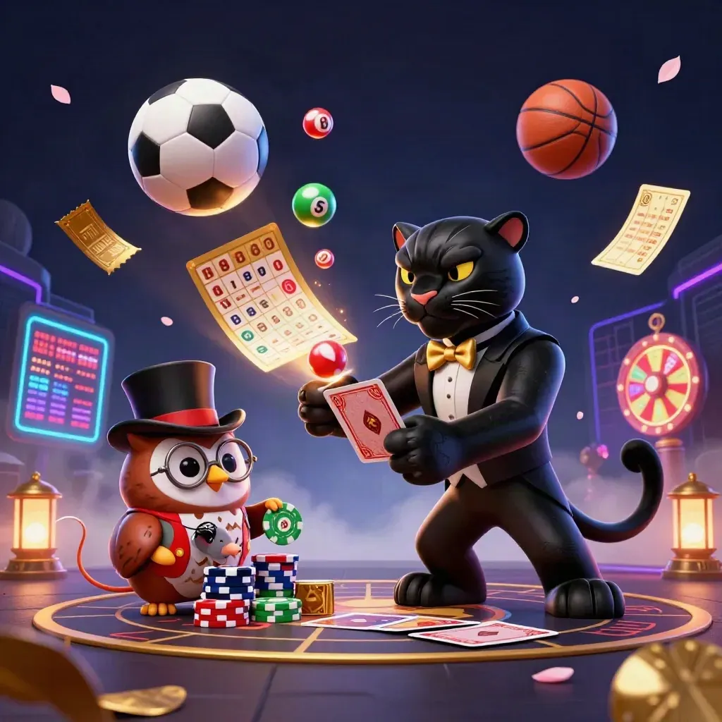 Panther, owl, and mouse amid flying sports balls and casino props in a neon dark key art scene.