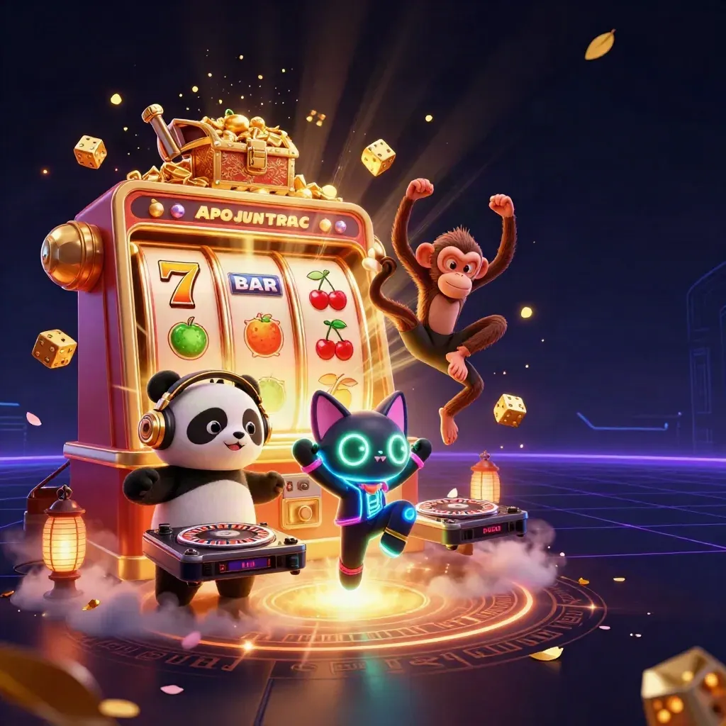 Panda DJ, dancing monkey, and glow-stick kitten amid casino bursts and gold on a dark neon backdrop.