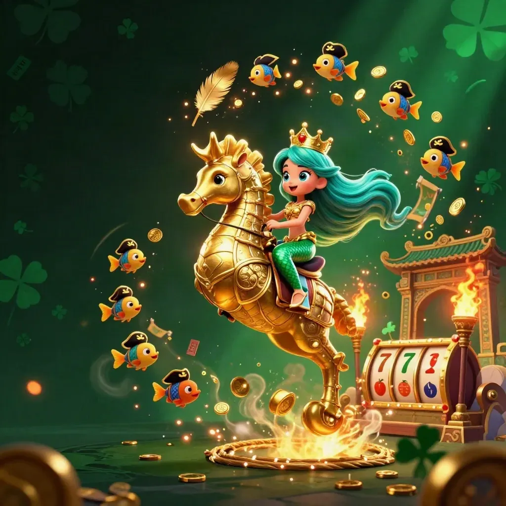 Mermaid princess on armored seahorse amid coins, reels, temple gate, embers, and pirate fish.